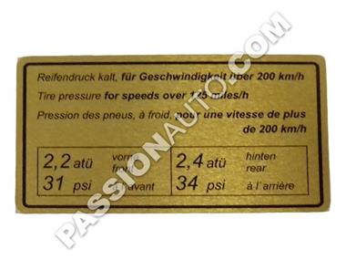 Etiquette pression des pneus >200km/h # 911 E/S 65-73 [PORSCHE ORIGINE]