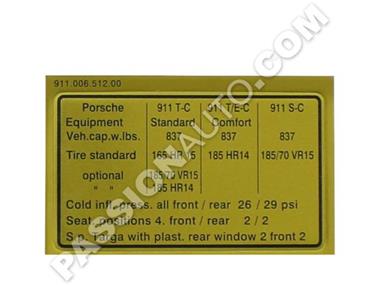 Etiquette taille pneumatique # 911 65-73 [PORSCHE ORIGINE]